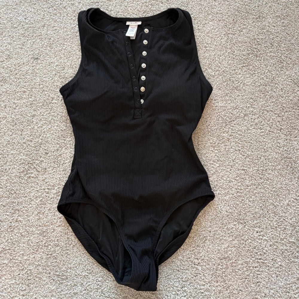 Andie Malibu One Piece Swimsuit Womens S Black Ribbed Snap Up Henley Minimalist